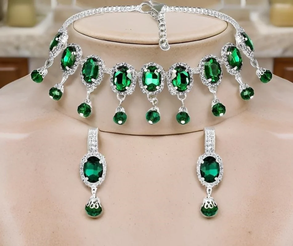 green stone choker necklace set with earrings silver plated bridal jewellery