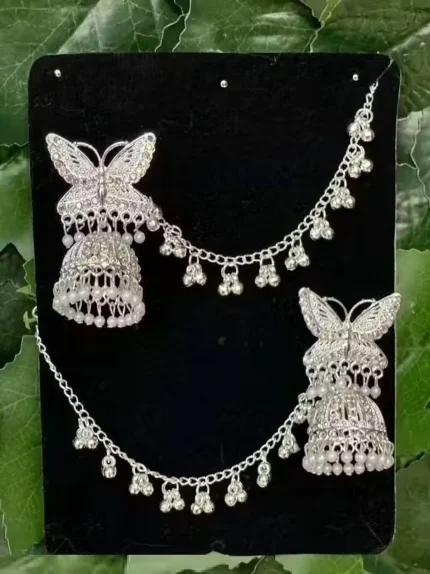 butterfly oxidised jhumka earrings with chain