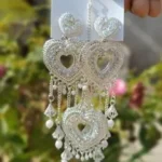 oxidised silver multi heart long dangler earrings with pearl drops