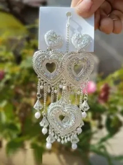 oxidised silver multi heart long dangler earrings with pearl drops