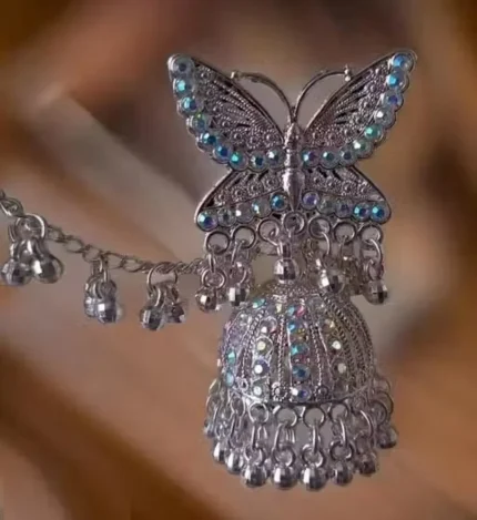 oxidised silver butterfly jhumka earrings with chain and ghungroo
