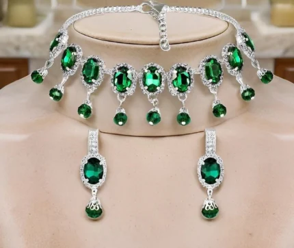 green stone choker necklace set with earrings silver plated bridal jewellery