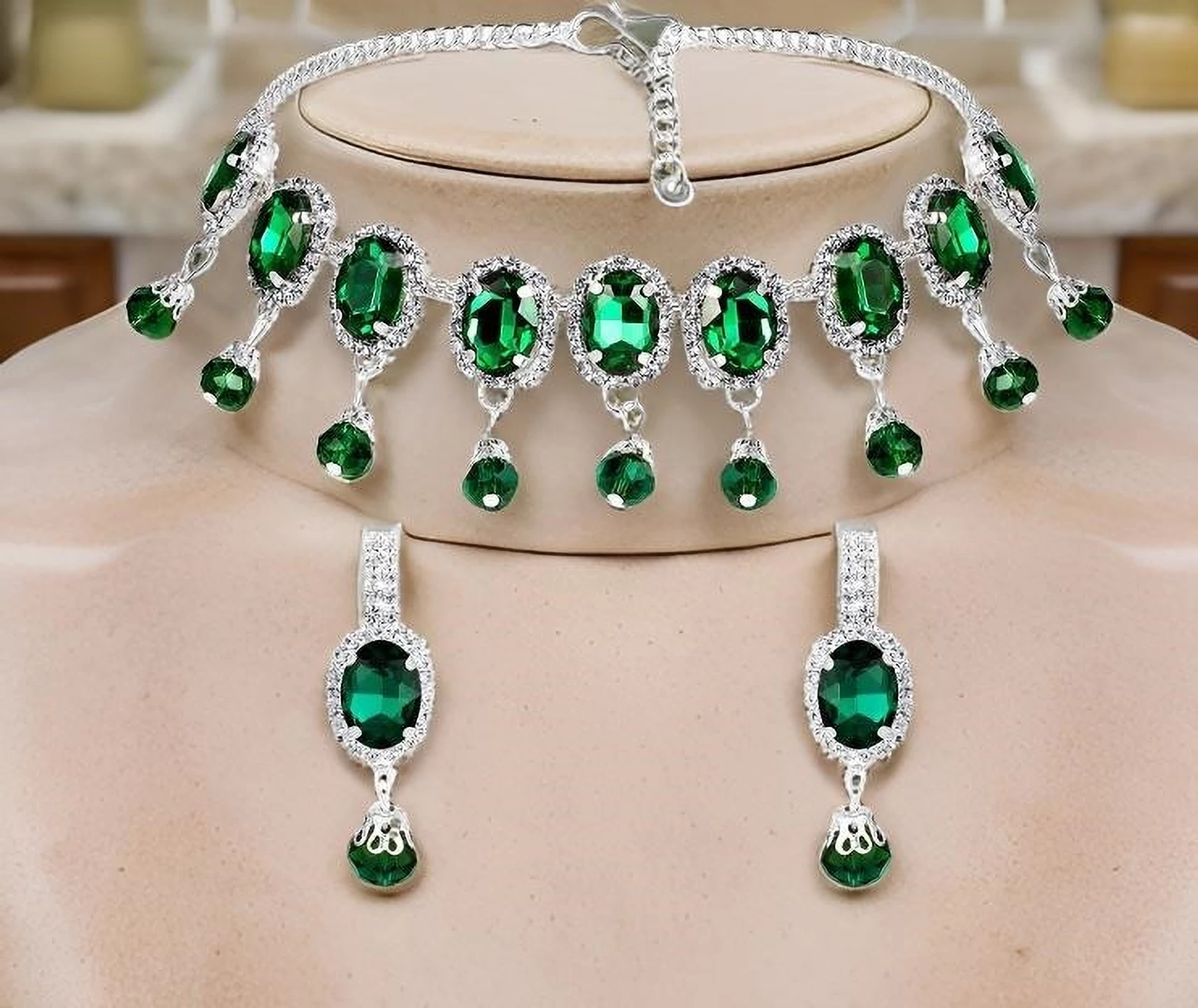 green stone choker necklace set with earrings silver plated bridal jewellery green stone choker necklace set with earrings silver plated bridal jewellery