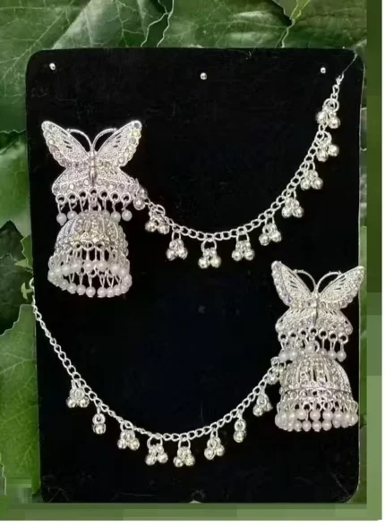 silver butterfly jhumka earrings with sahare chain traditional party wear jewellery