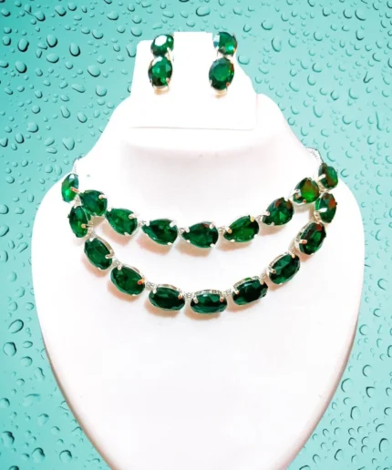 green stone double layer necklace set with earrings party wear jewellery
