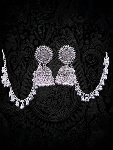oxidised silver jhumka earrings with chain traditional jewellery