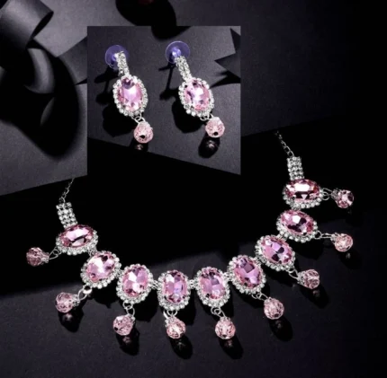 pink american diamond necklace set with drop earrings