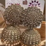 antique gold heavy jhumka earrings with stone work and pearl drops