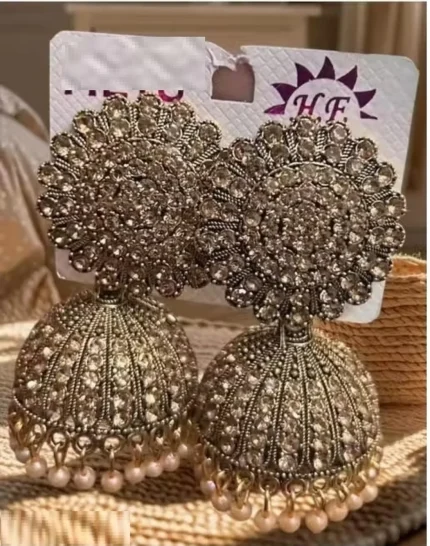 antique gold heavy jhumka earrings with stone work and pearl drops