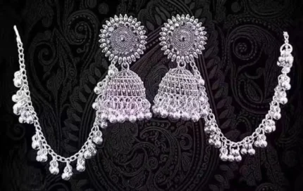 oxidised silver jhumka earrings with sahara chain