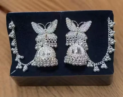 butterfly oxidised silver jhumka earrings with ghungroo chain design