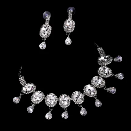 oval crystal drop necklace set with earrings silver plated