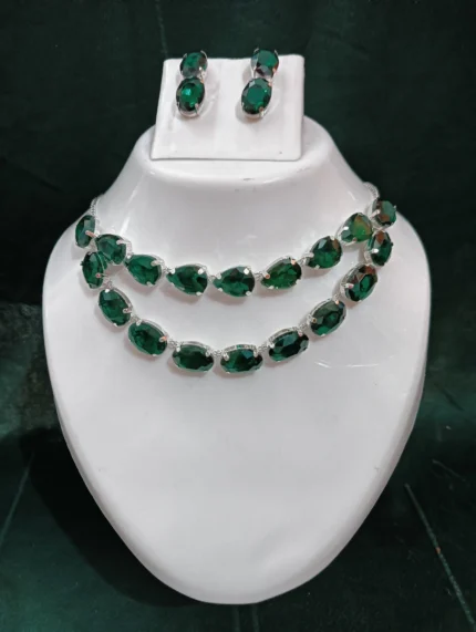 green stone necklace set with earrings silver plated party wear jewellery