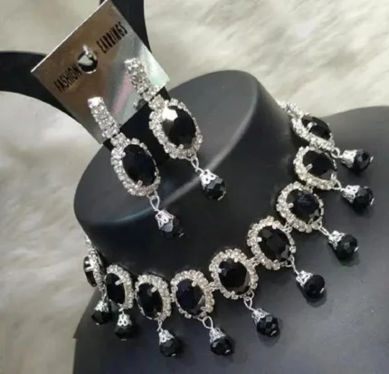 black stone choker necklace set with earrings silver plated party wear jewellery