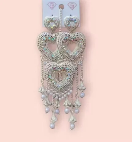 oxidised silver heart shape long dangler earrings with pearl drops