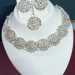floral crystal necklace set with pearl detailing earrings and maang tikka bridal jewellery