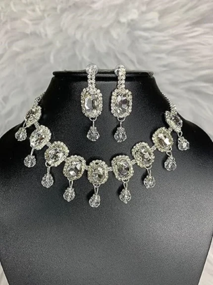 crystal oval choker necklace set with drop earrings silver bridal jewellery