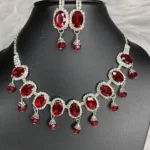 red crystal oval necklace set with earrings silver bridal jewellery