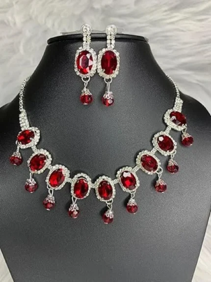 red crystal oval necklace set with earrings silver bridal jewellery