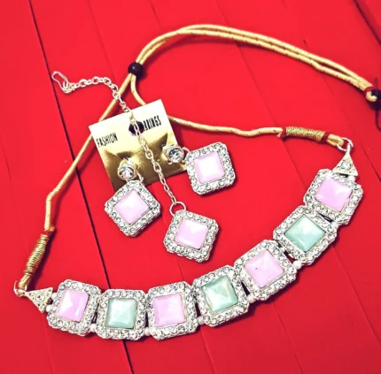 pastel square stone necklace set with earrings and maang tikka wholesale jewellery