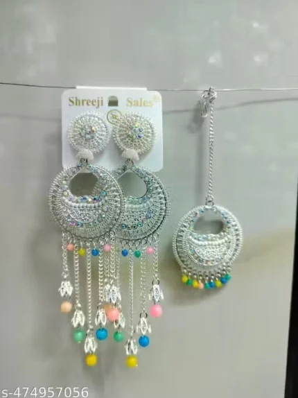 oxidised long earrings with maang tikka multicolor beads wholesale jewellery