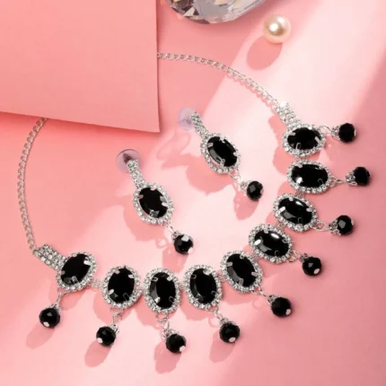 black stone necklace set with earrings oval crystal party wear jewellery
