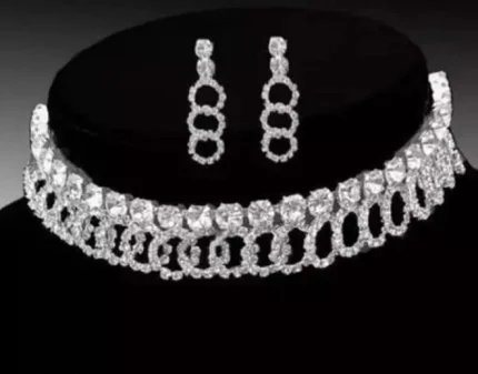 silver crystal choker necklace set with loop design earrings modern jewellery