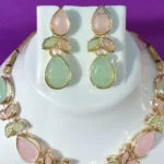 pastel pink green stone necklace set with earrings and pendant