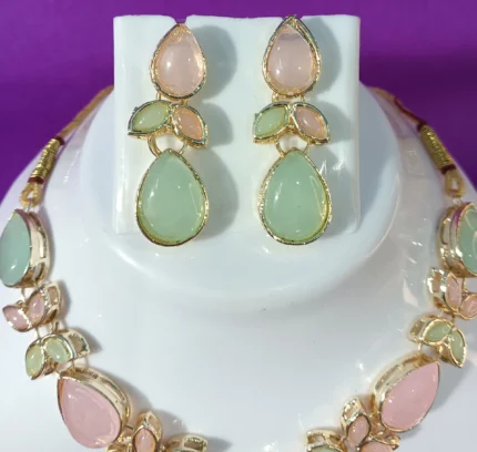 pastel green pink stone necklace set with earrings and pendant
