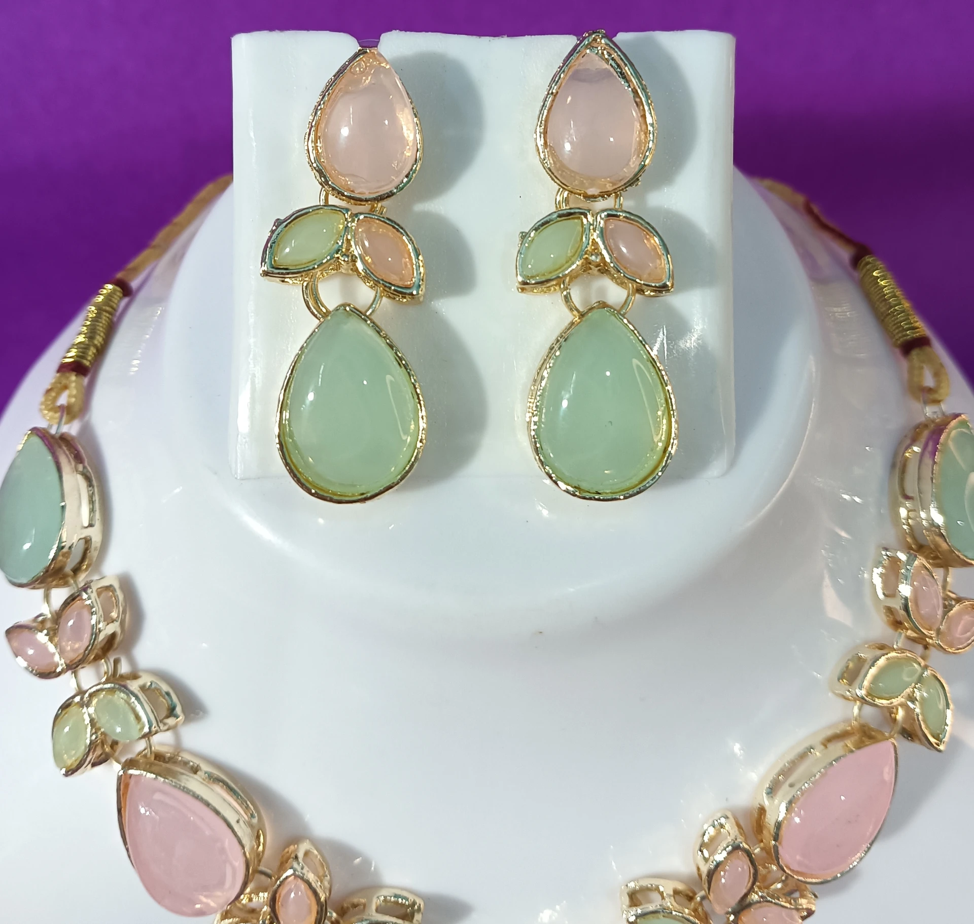 pastel green pink stone necklace set with earrings and pendant pastel green pink stone necklace set with earrings and pendant