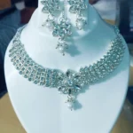 silver crystal choker necklace set with earrings and maang tikka