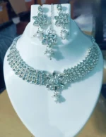 silver crystal choker necklace set with earrings and maang tikka