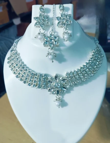 silver crystal choker necklace set with earrings and maang tikka