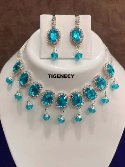 turquoise blue stone choker necklace set with matching earrings