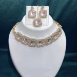 square crystal gold choker necklace set with earrings and pendant