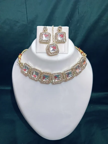 square crystal gold choker necklace set with earrings and pendant