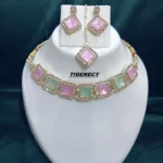 pastel square stone gold choker necklace set with earrings and pendant