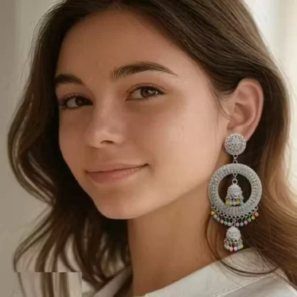 oxidised silver chandbali jhumka earrings with colorful beads