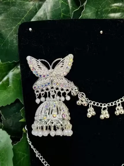 close view butterfly design jhumka earrings with pearl drops and stones