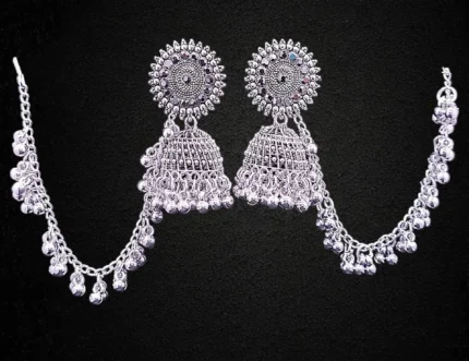 oxidised silver jhumka earrings with chain traditional jewellery