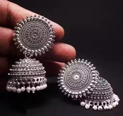 traditional oxidised jhumka earrings close view