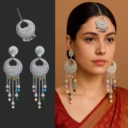 oxidised long earrings with maang tikka multicolor beads wholesale jewellery