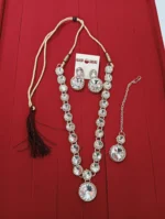 gold crystal necklace set with round stones and pendant earrings