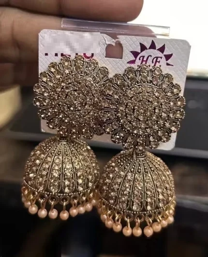 antique gold heavy jhumka earrings with stone work and pearl drops