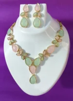 pastel pink green stone necklace set with earrings and pendant