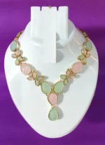 pastel green pink stone necklace set with earrings and pendant