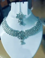 silver crystal choker necklace set with earrings and maang tikka