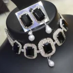black stone crystal choker necklace set with matching earrings