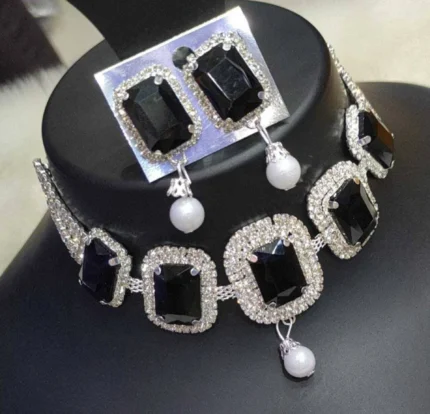 black stone crystal choker necklace set with matching earrings