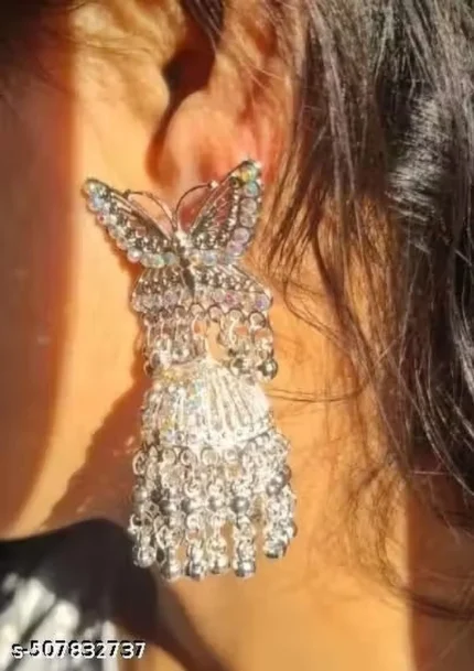 butterfly oxidised silver jhumka earrings with ghungroo chain design